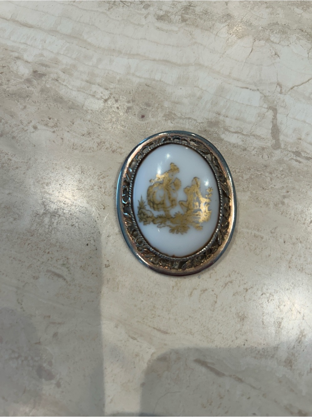 Vintage gold tone brooch/ pendant ceramic center Victorian gold courting scene